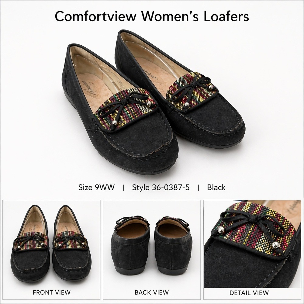 Comfortview Womens Black Faux Suede Loafers Size 9WW Woven Bow Detail 36-0387-5‎